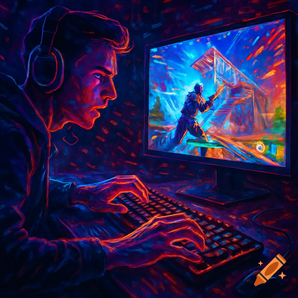 Vibrant digital painting of a gamer with headphones playing a bright, action-packed video game on a monitor in a dark room.