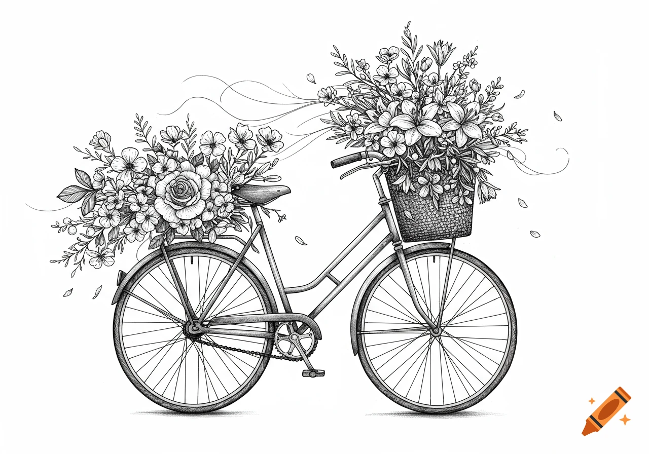 A black and white line art drawing of a bicycle with large bouquets of flowers attached to the basket and the rear seat.