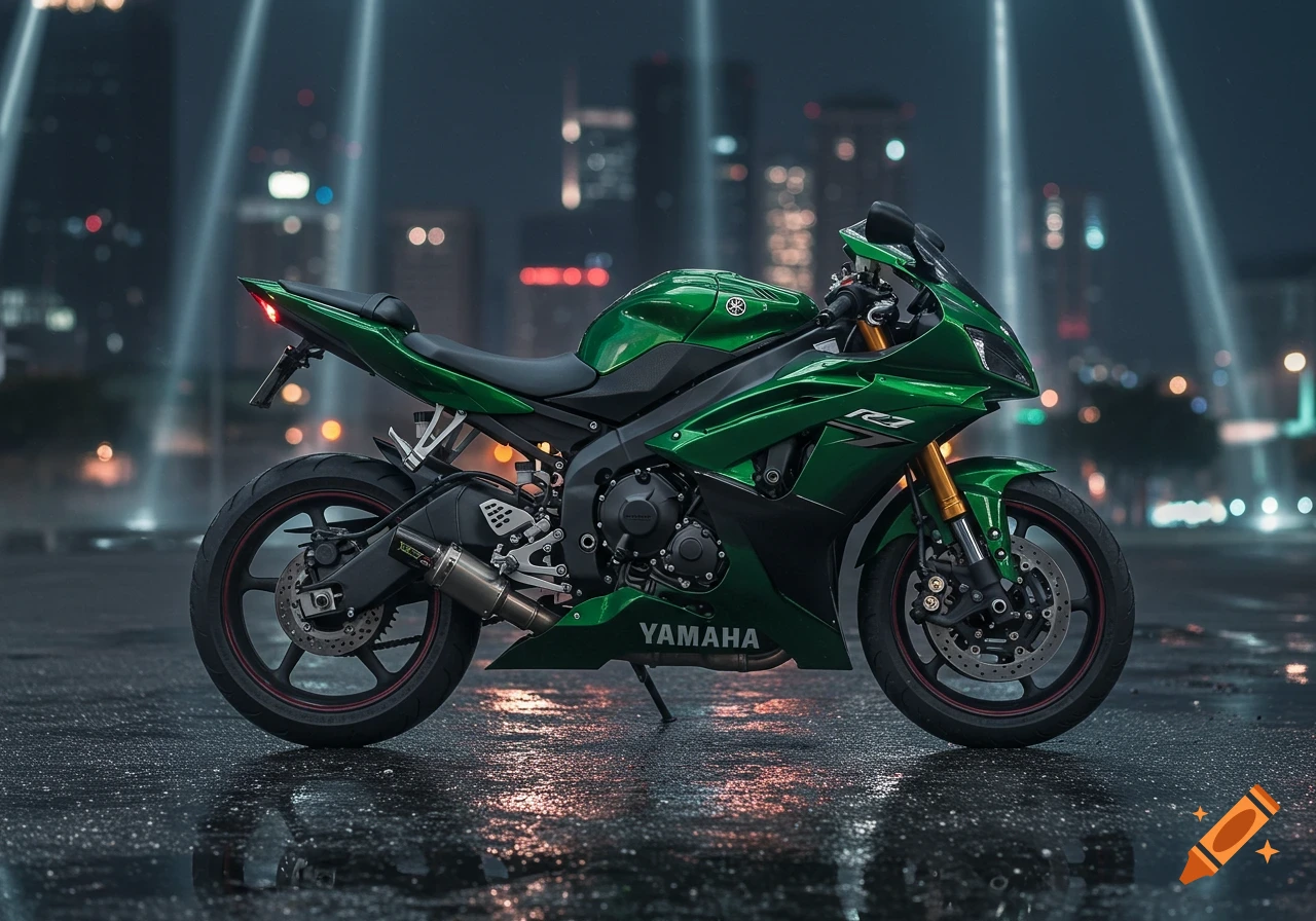 A green Yamaha sport bike parked on wet pavement at night with a blurred city skyline in the background.