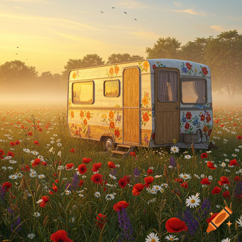 A colorful caravan covered in floral patterns sits in a vibrant field of red poppies and white daisies at sunrise.
