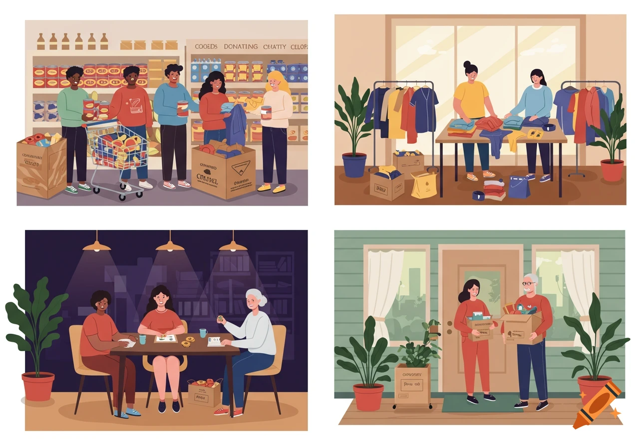Four illustrations depicting charitable activities: people donating canned goods at a supermarket, sorting clothes, playing a board game, and delivering a box to an elderly person.