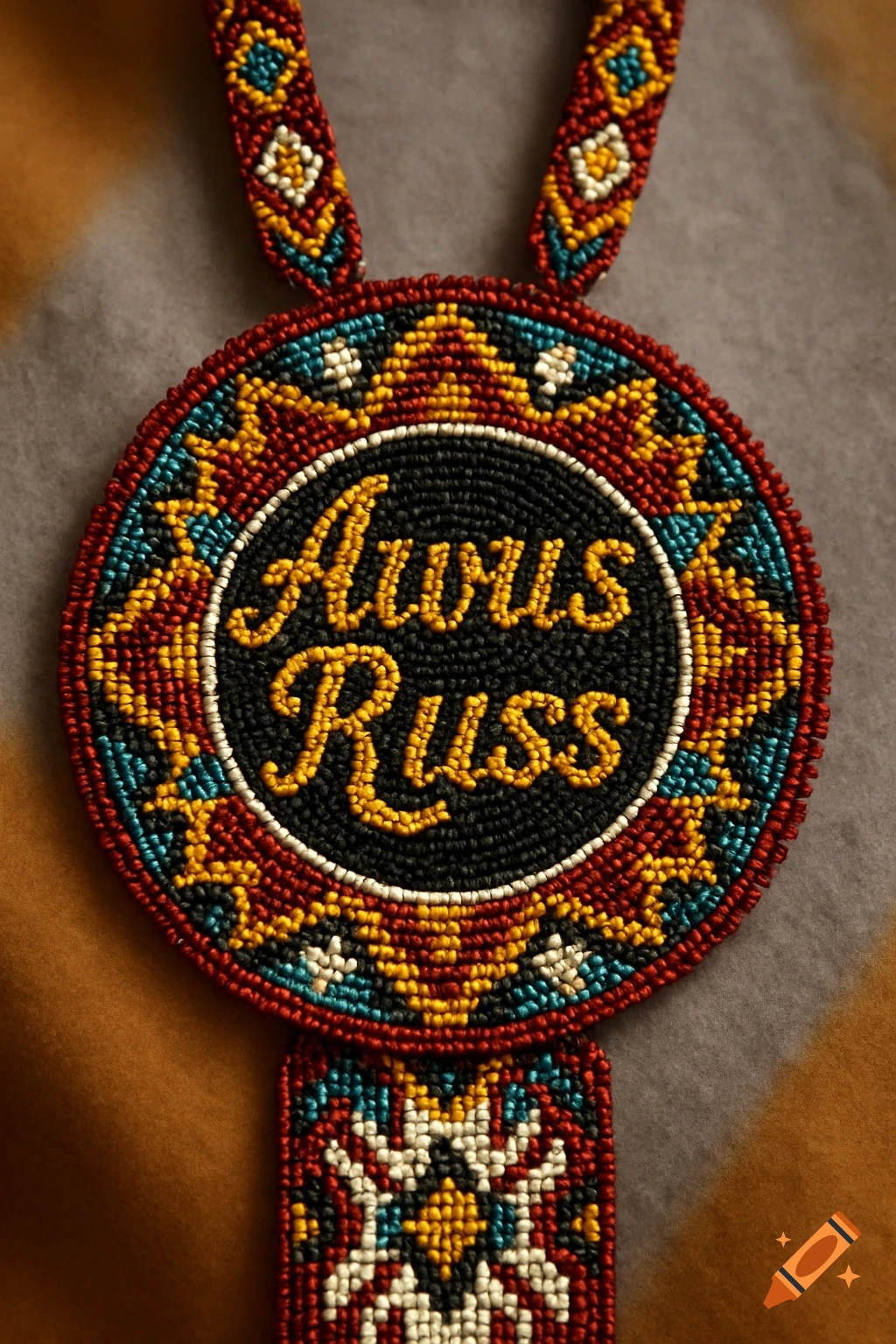 A close-up photograph of a colorful, round beaded Native American medallion with a beaded lanyard, featuring the name "Awus Russ" in yellow beads on a black background.