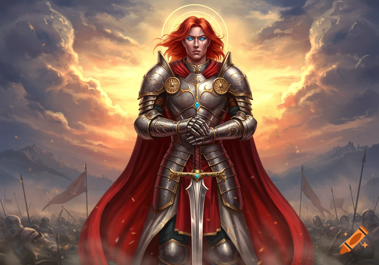 A red-haired paladin in gleaming armor with a red cape stands holding a longsword, against a vibrant sunset sky over a battlefield.