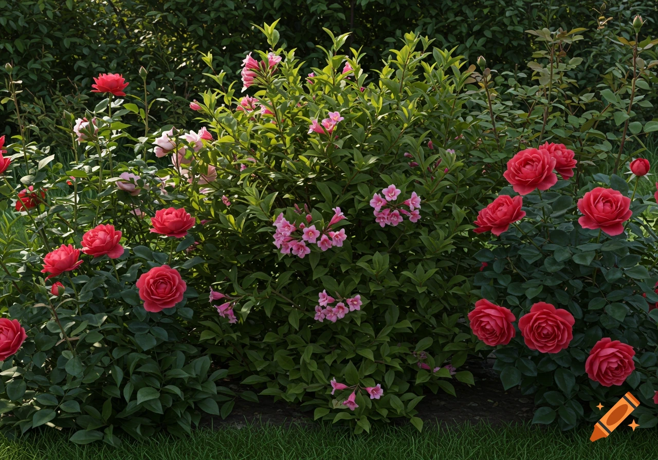 A vibrant garden with red roses and pink weigela flowers under dappled sunlight, captured in a realistic photographic style.