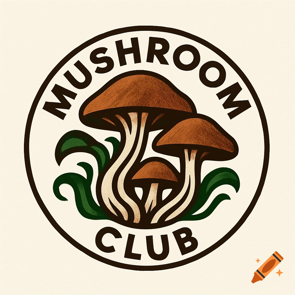 A circular logo for a mushroom club, featuring three brown-capped mushrooms with white stems and green foliage against a cream background. The text "MUSHROOM" curves above the mushrooms, and "CLUB" is below them.