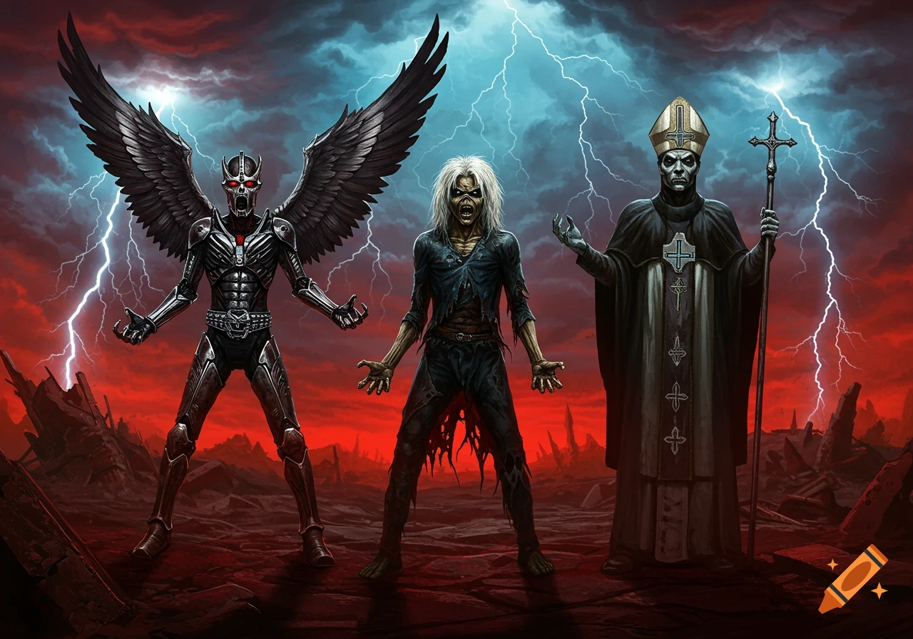 Three monstrous figures, a winged skeleton, a zombie-like man, and a ghostly pope, stand in an apocalyptic lightning-storm world.