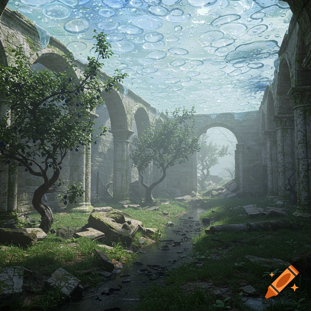 A photorealistic ancient stone ruin with mossy pillars, crumbling arches, a stream of black ink, twisted plum trees, and a light blue glass bubble ceiling.