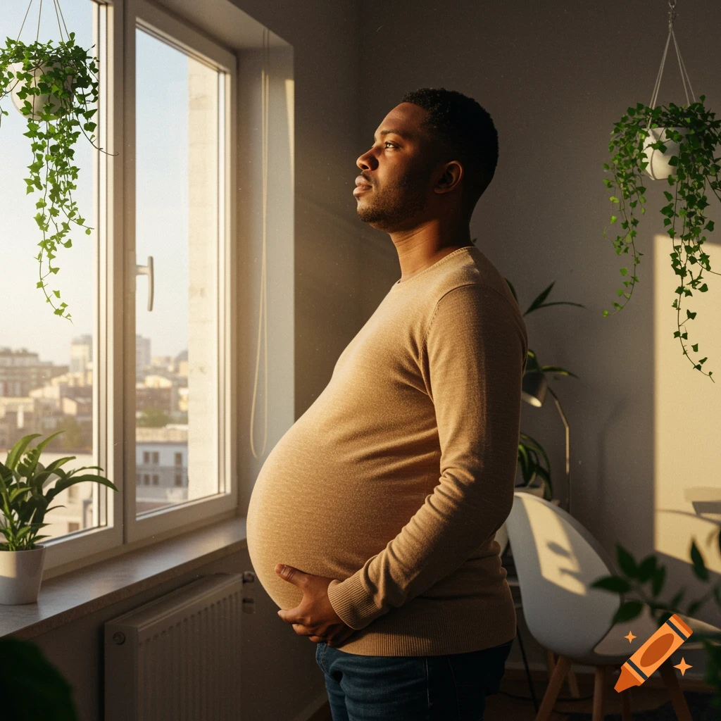 A heavily pregnant Black man stands in profile, looking out a window, holding his belly. Sunlight streams in from the window.