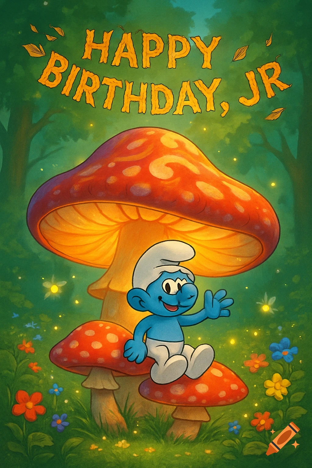 A cartoon Smurf character sits on a mushroom with 'Happy Birthday, JR' text above in a magical forest.