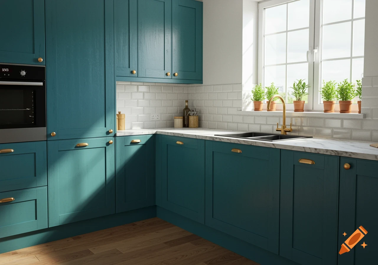 A modern kitchen with teal cabinets, a gold faucet, white subway tile backsplash, and plants on a window sill.