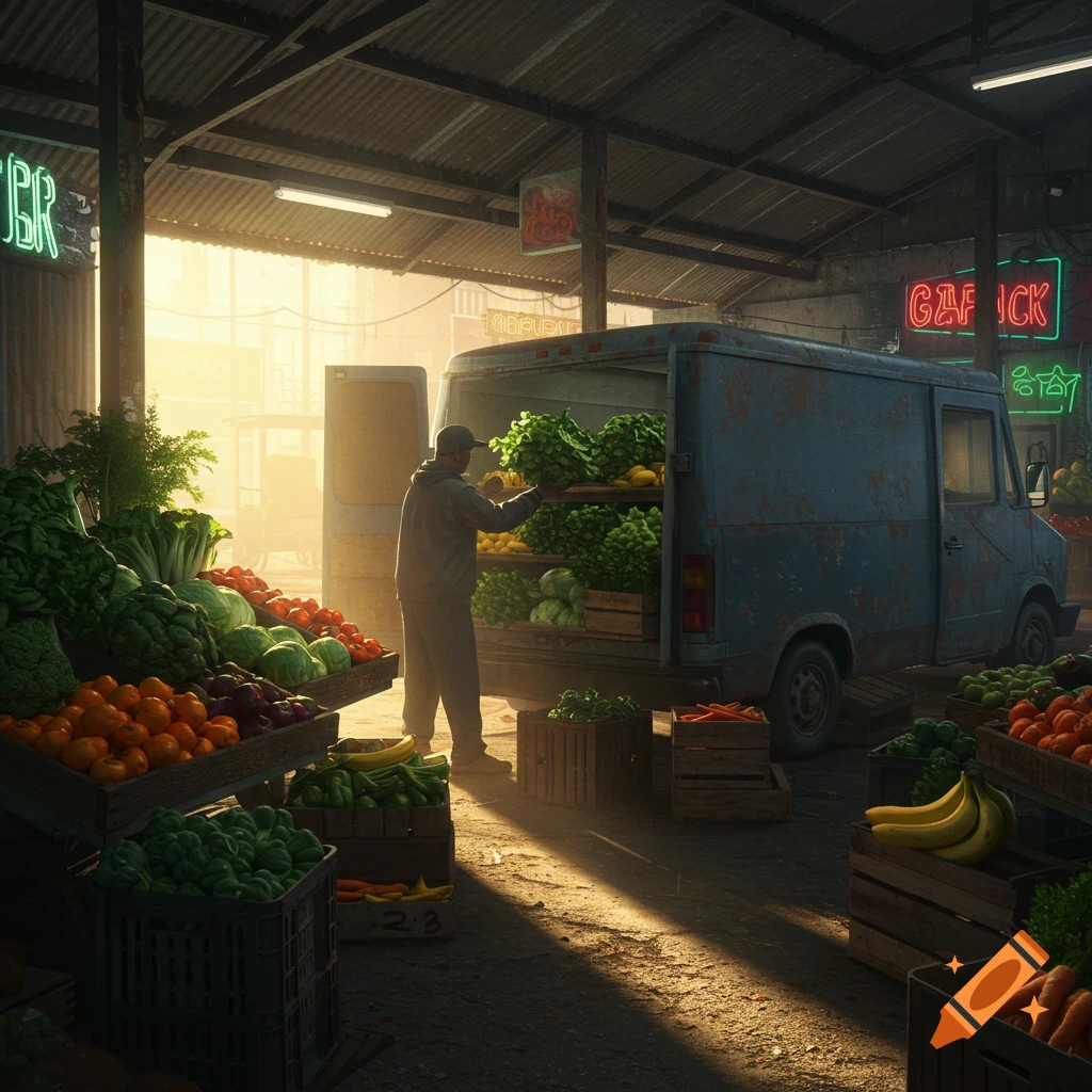 A man loads leafy greens and other produce into a delivery van at a gritty, sunlit urban wholesale market.
