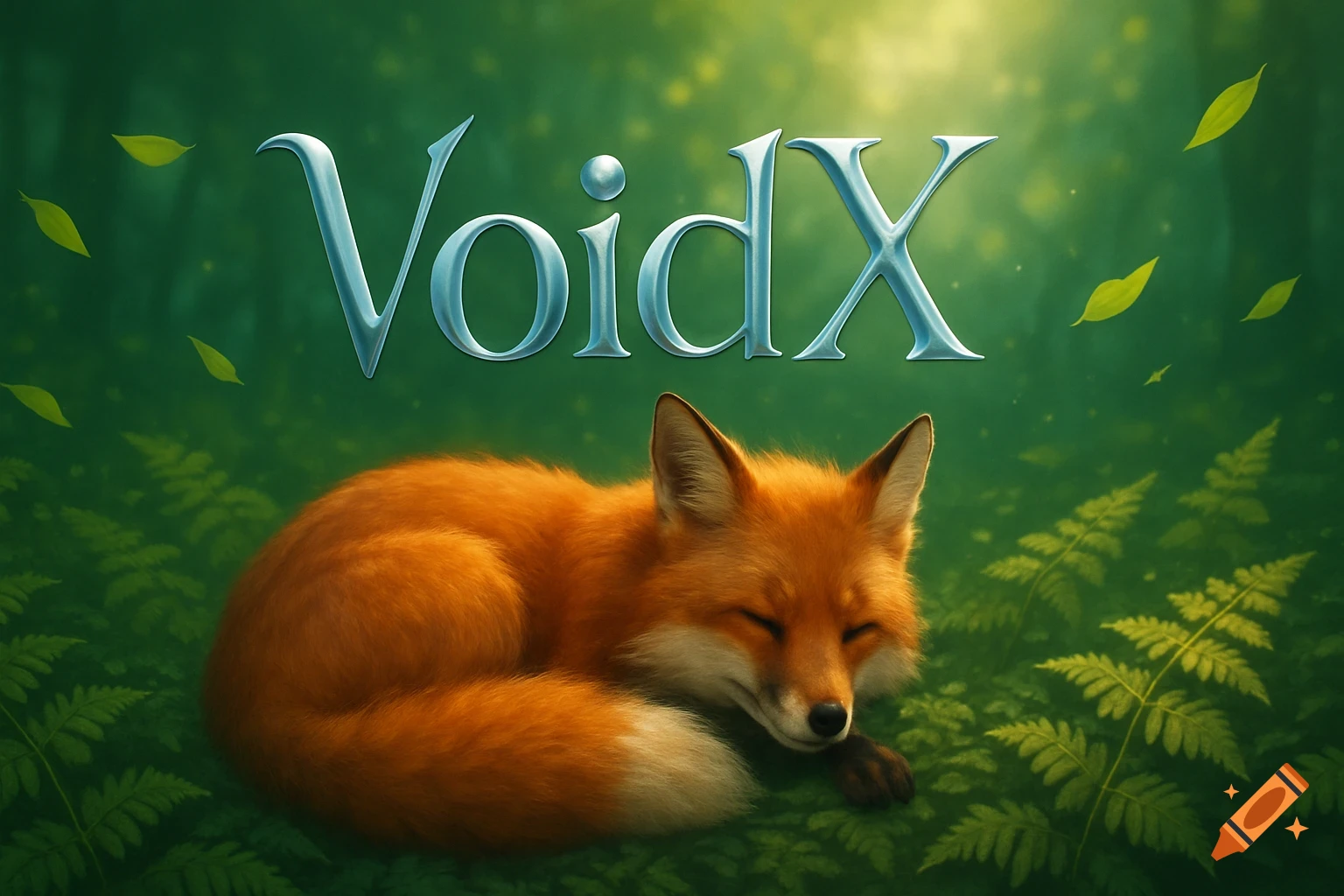 A sleeping orange fox curled up in a lush green forest, with the stylized title "VoidX" above it.