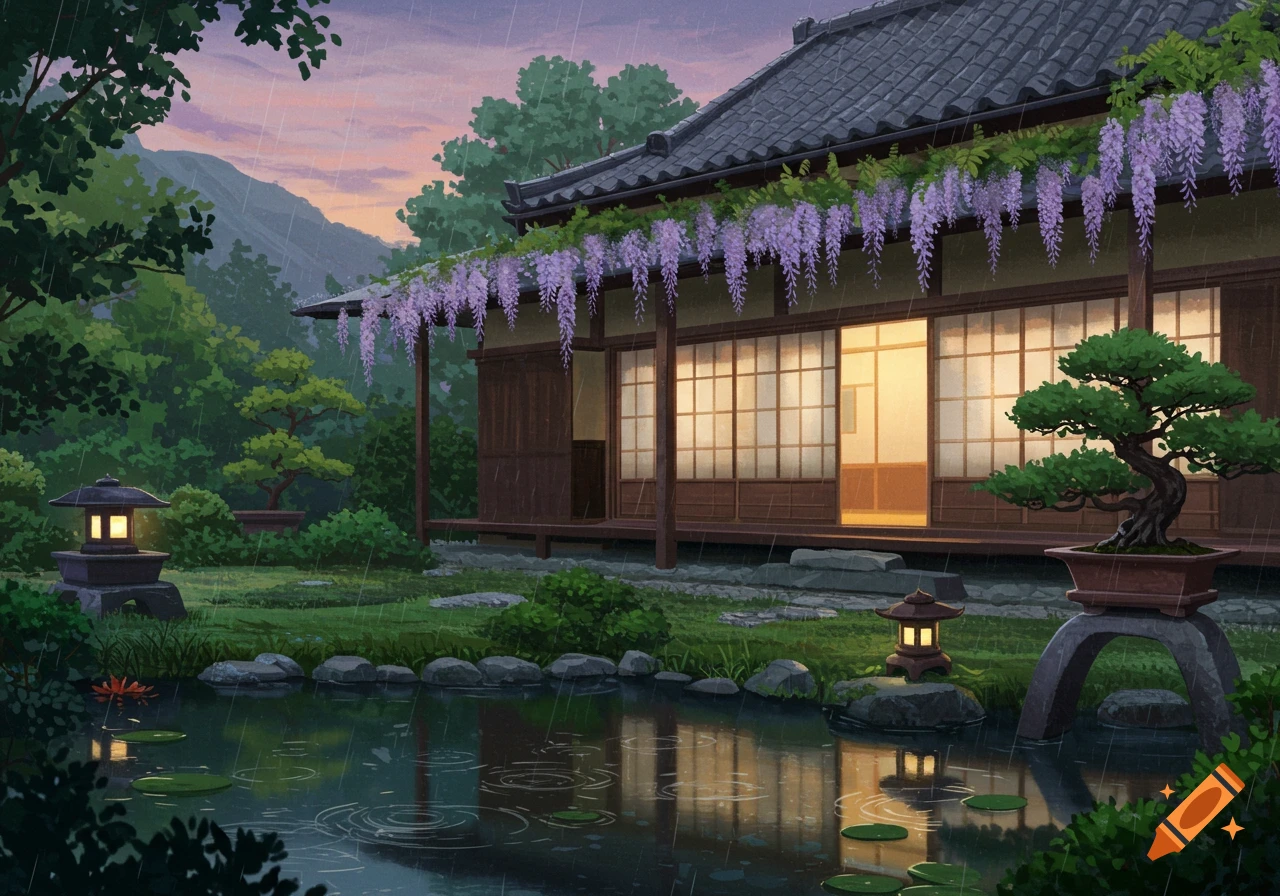 An illustration of a traditional Japanese house in a rainy garden with wisteria, a pond, and bonsai at dusk.