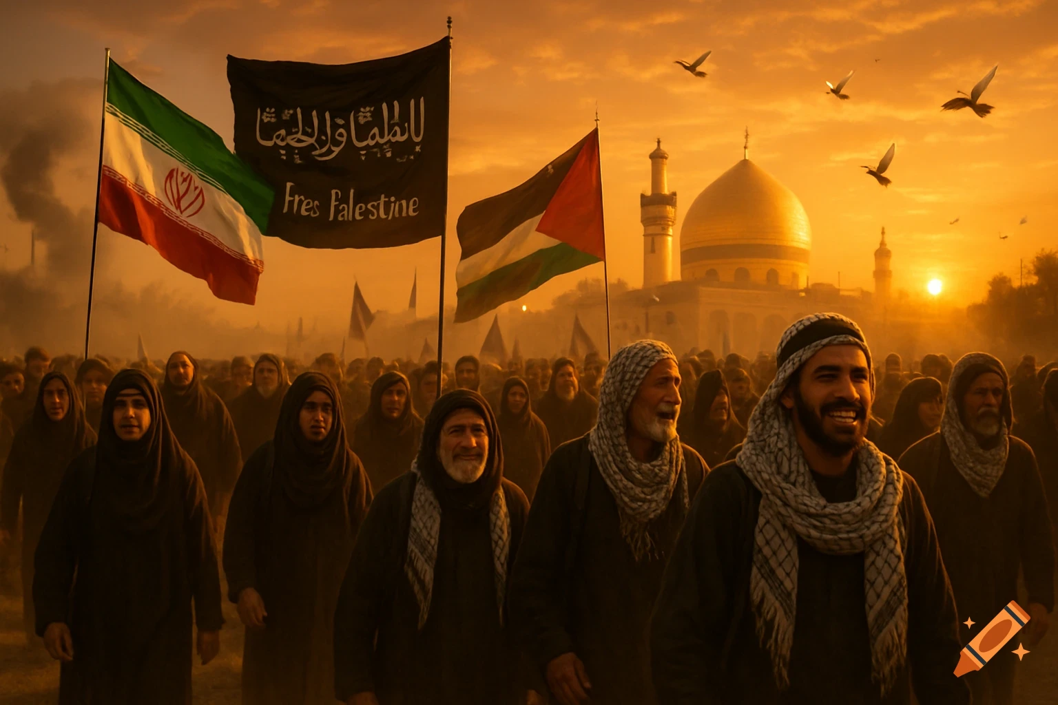 A crowd of Arbaeen pilgrims, including men and women, walk toward a golden-domed shrine at sunset, carrying Iranian and Palestinian flags.