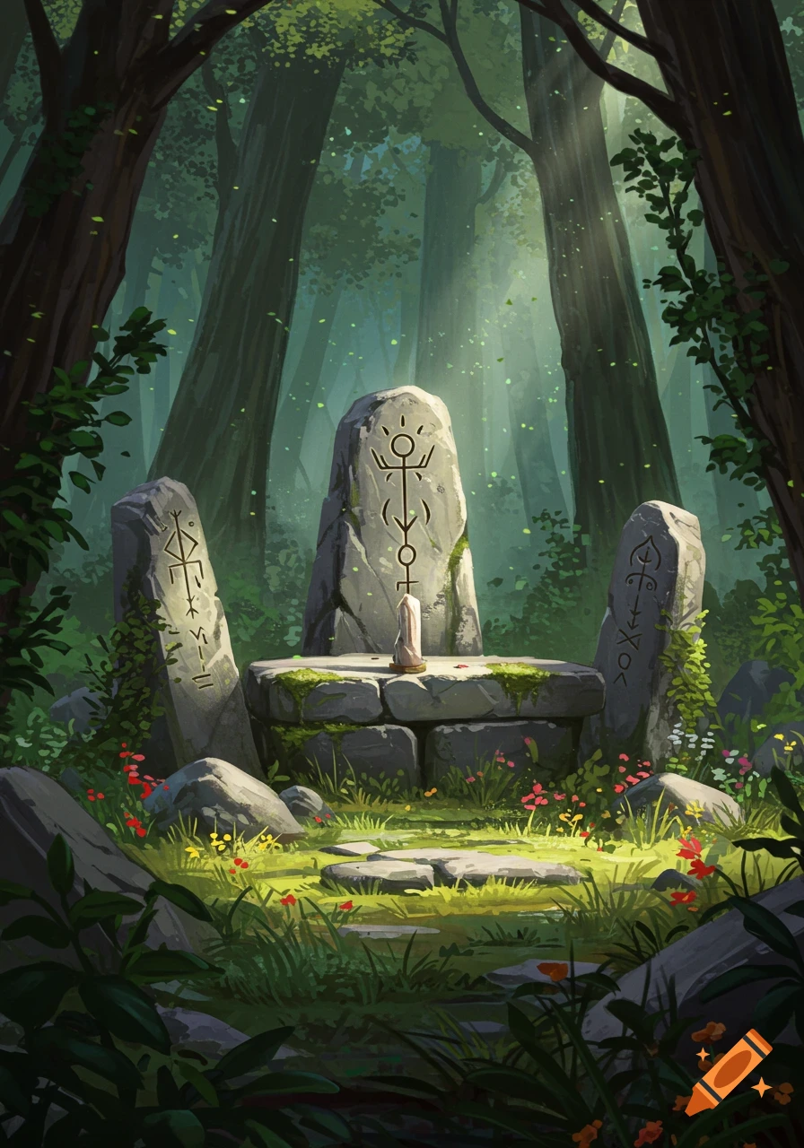 An ancient stone altar with carved symbols in a lush green forest, dappled sunlight and wildflowers. Fantasy art style.