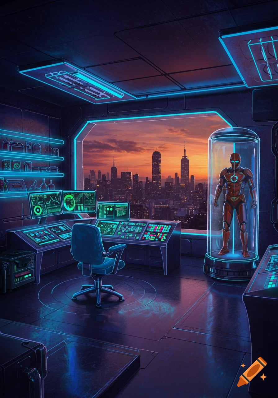 A vibrant, neon-lit superhero lair with computer screens, an office chair, and a superhero suit in a stasis tube, overlooking a city at sunset.