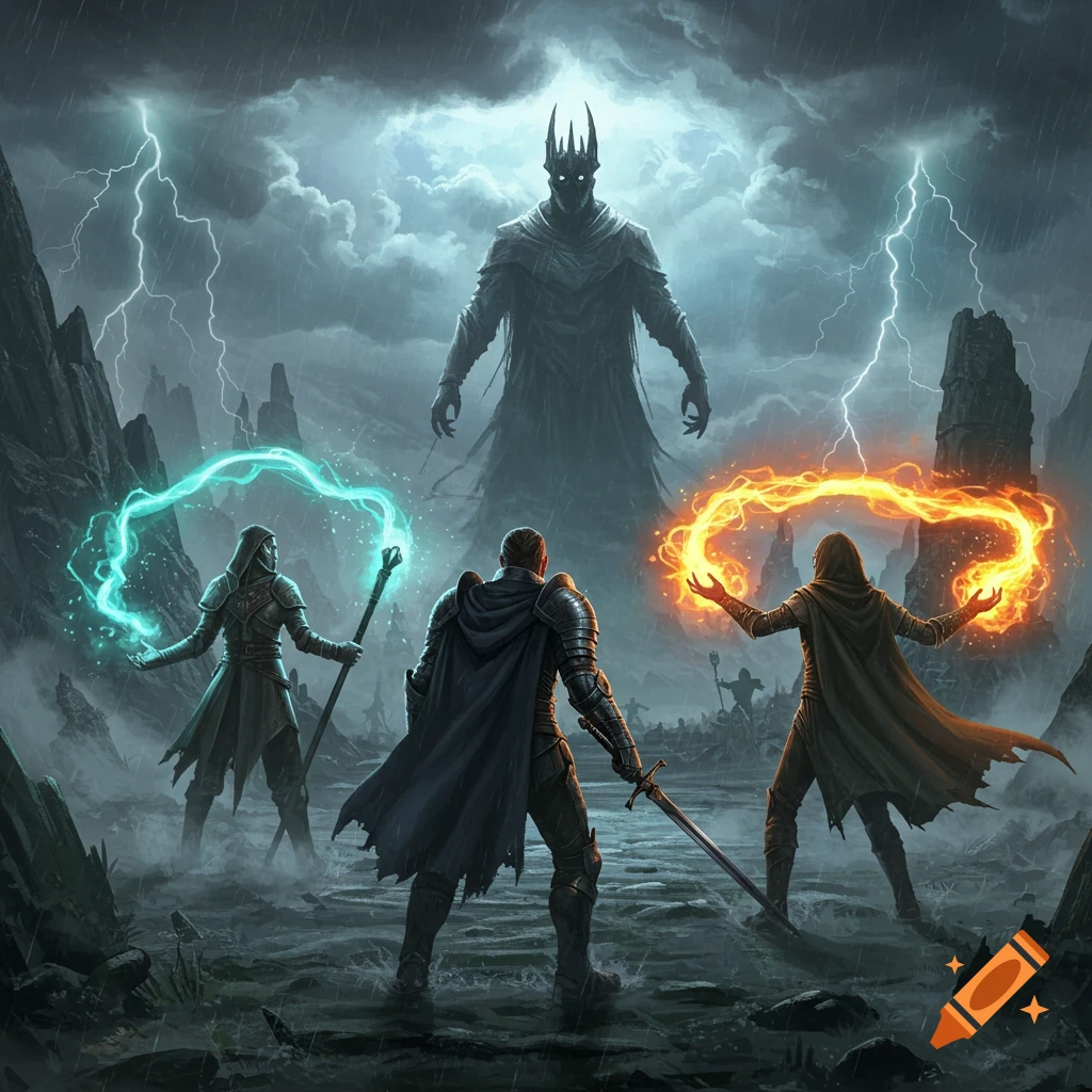 Three warriors cast spells at a towering dark king under a stormy, lightning-filled sky in a fantasy battle.