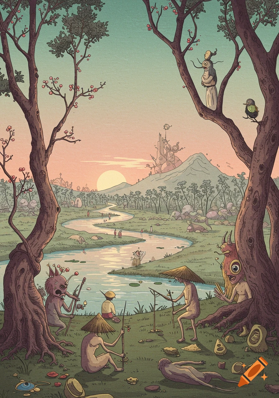 A surreal painting of a vibrant landscape with a winding river under a sunset sky, featuring bizarre, nude humanoid creatures in various activities among trees and strange objects, in the style of Hiroshige and Bosch.