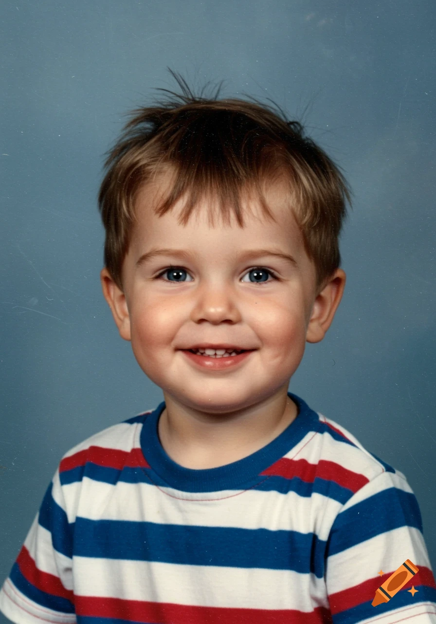 A smiling young boy with brown hair and blue eyes wears a striped shirt against a blue background in a 1990s yearbook photo.