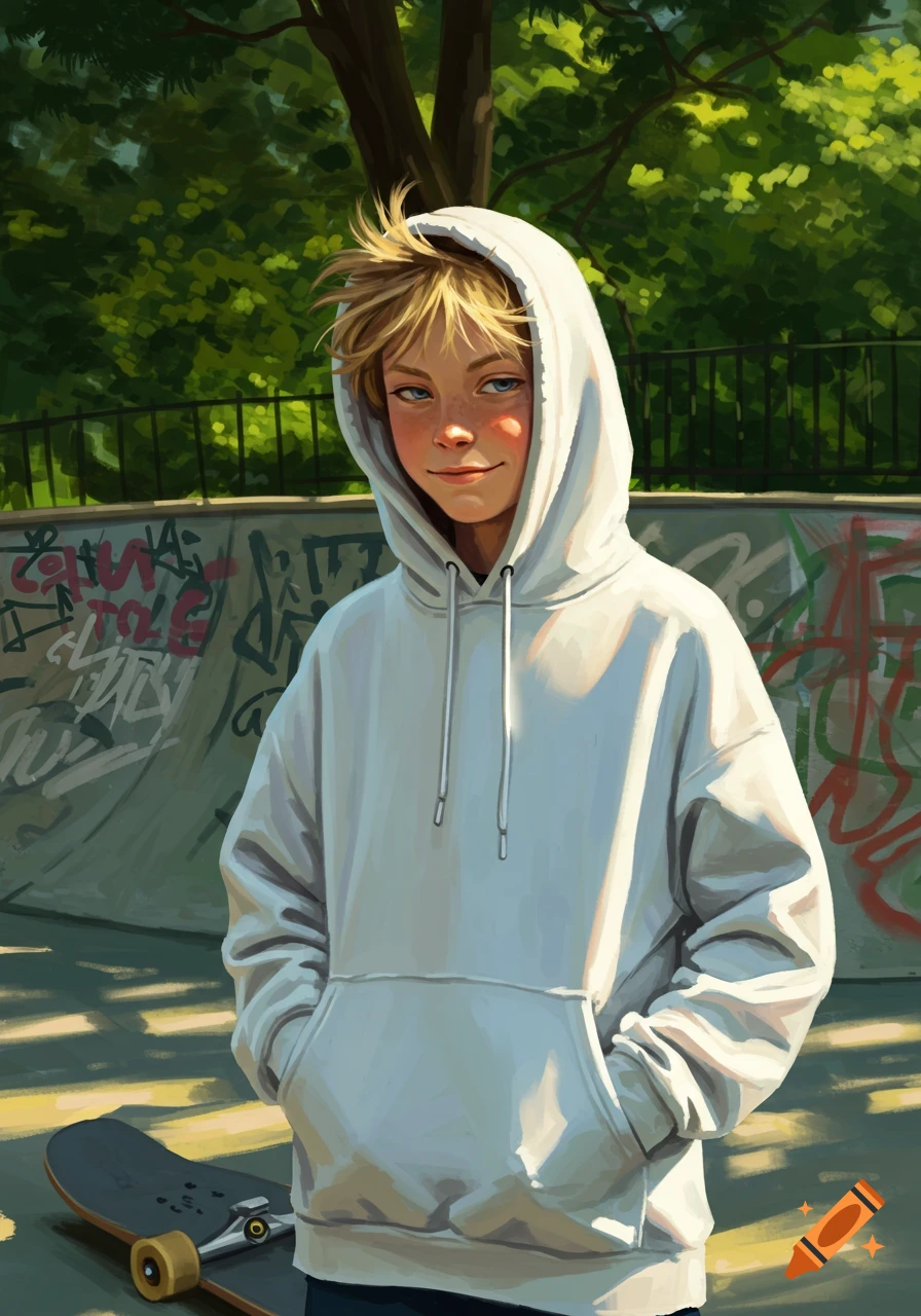 A blonde boy wearing a white hoodie stands with his hands in pockets at a skatepark, with a skateboard on the ground.