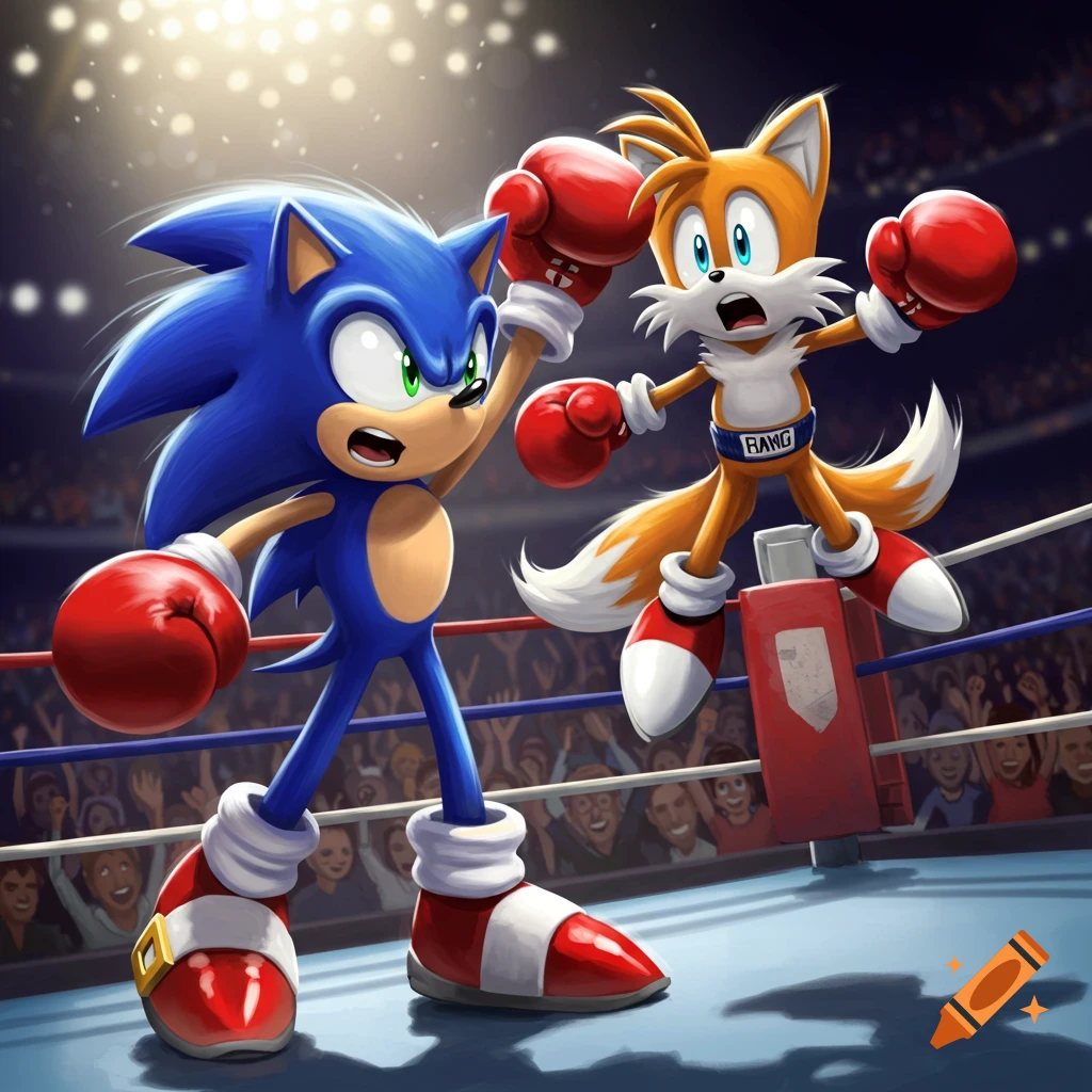 Cartoon illustration of Sonic the Hedgehog, wearing red boxing gloves, cheering over Tails the Fox in a boxing ring.
