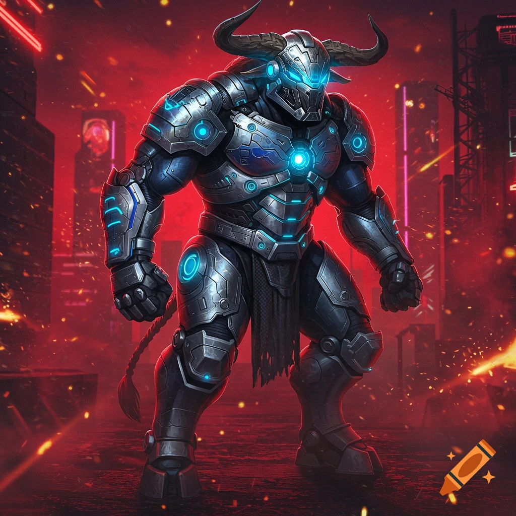 A powerful minotaur in glowing blue and silver futuristic armor stands against a red, gritty, cyberpunk city background.