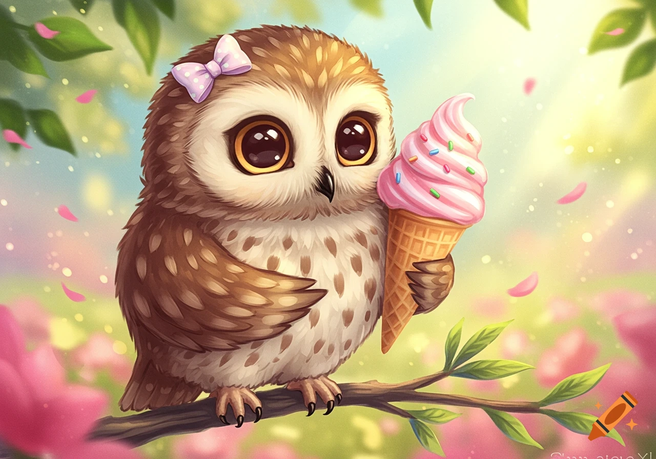 A cute cartoon owl with a pink bow sits on a branch, holding a pink soft-serve ice cream cone with sprinkles. Pink petals fall in a vibrant, whimsical background.