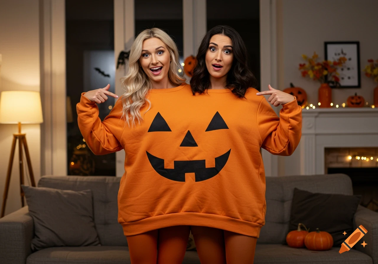 Two women wearing a large, conjoined orange pumpkin sweatshirt, standing in a living room with Halloween decorations, pointing in opposite directions.