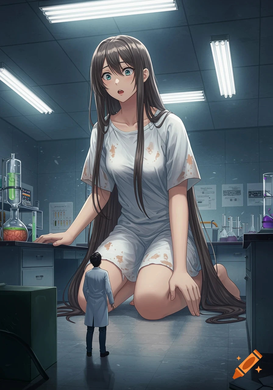 Anime style illustration of a giant young woman kneeling in a laboratory, looking shocked at a small male scientist in front of her.