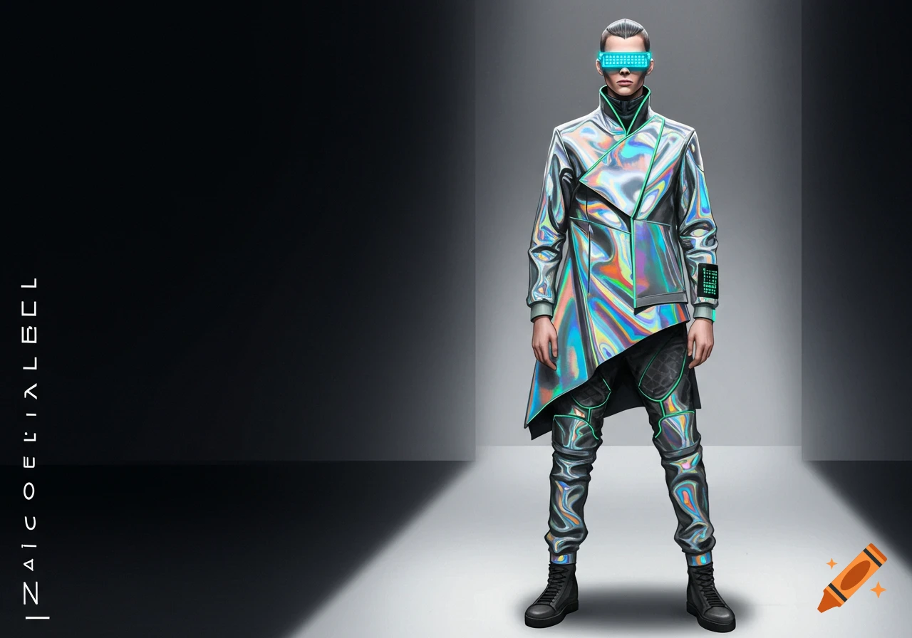 A person in a holographic, iridescent outfit with a glowing blue visor stands on a runway.