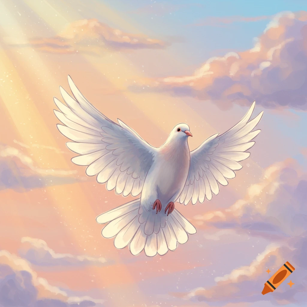 A white dove with outstretched wings flies across a pastel sky with orange and purple clouds and golden light rays, in a hand-drawn illustration style.