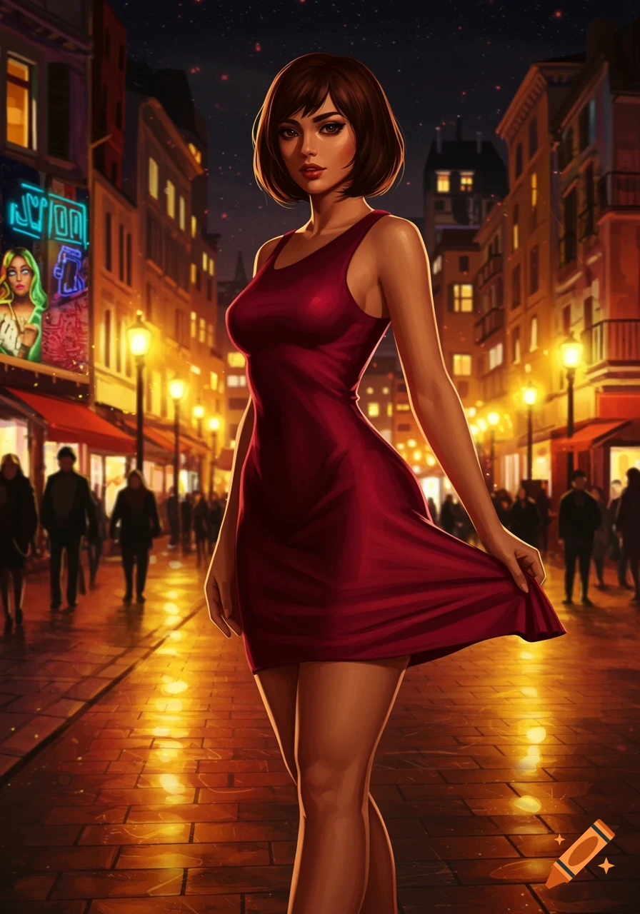 A woman with short brown hair in a red dress stands on a city street at night, illuminated by streetlights.