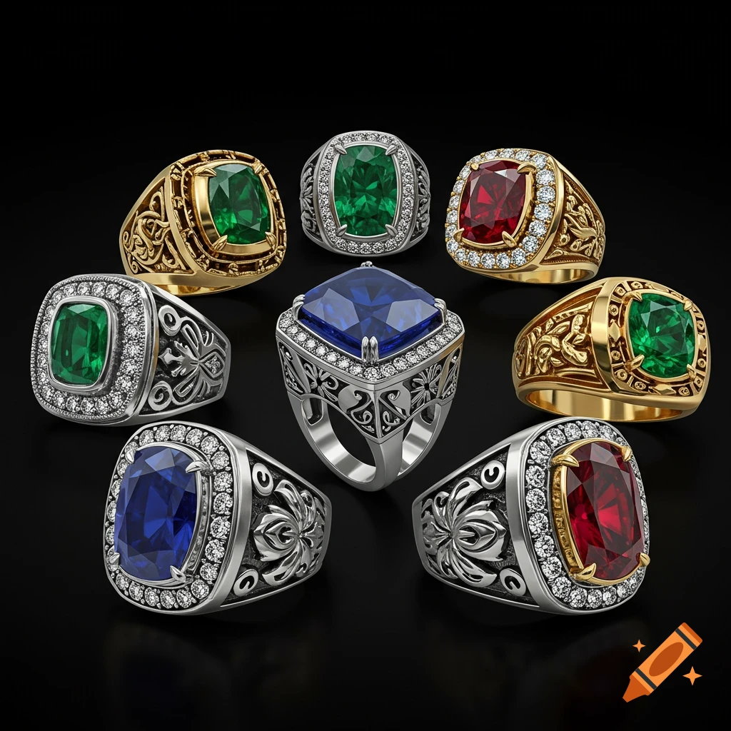 Seven ornate rings with large blue, green, and red gemstones in gold and silver bands, some with diamonds, against a black background.