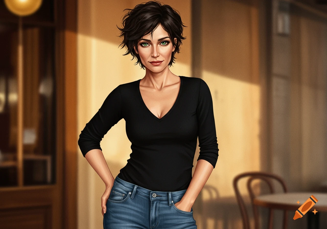 A photorealistic portrait of a middle-aged woman with short dark hair and green eyes, wearing a black V-neck shirt and jeans, standing indoors.