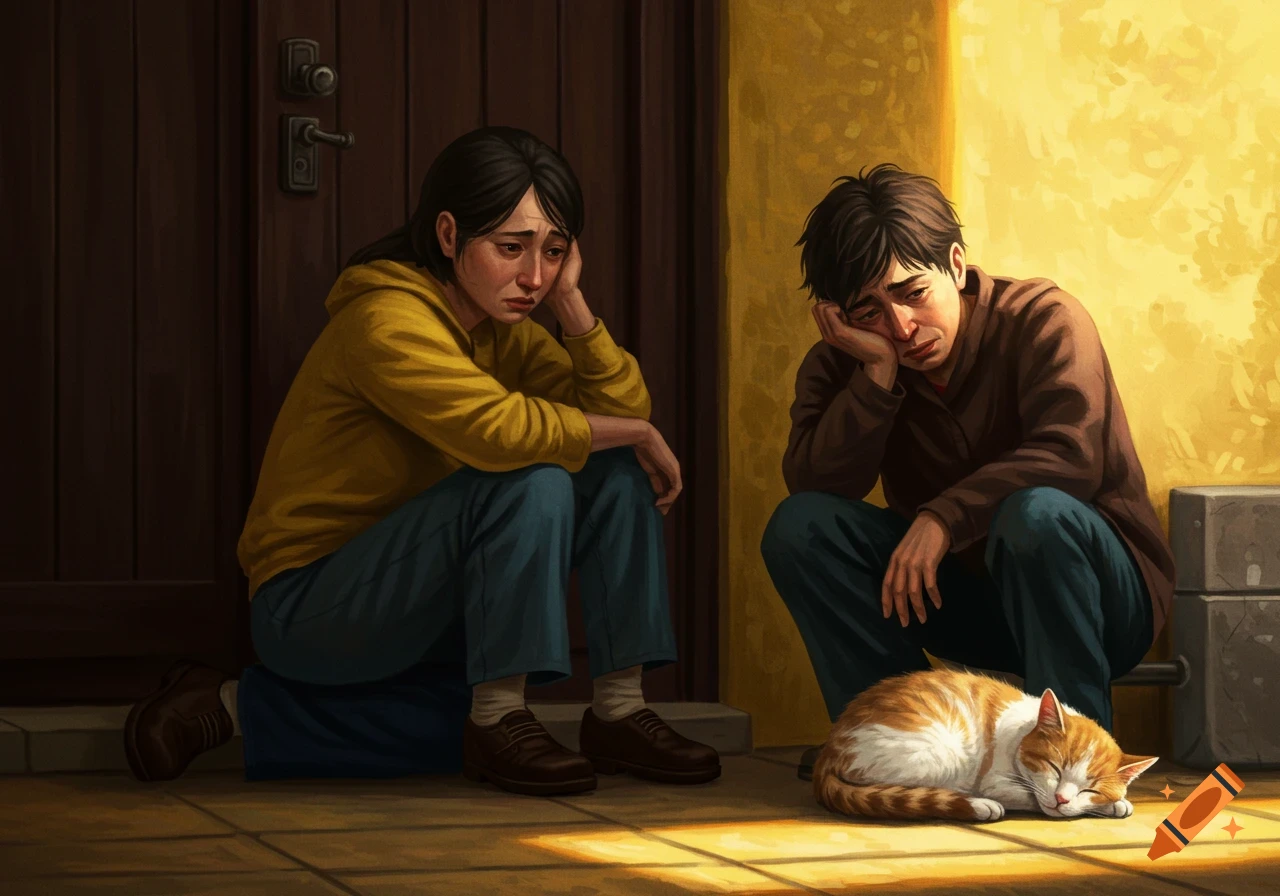 Two sad individuals, a woman and a man, sit on the floor next to a sleeping ginger cat in a warmly lit room.