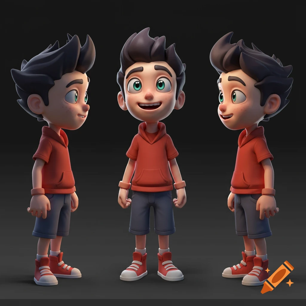 A smiling cartoon boy character in a red hoodie and blue shorts, shown from front and side profiles on a dark background.