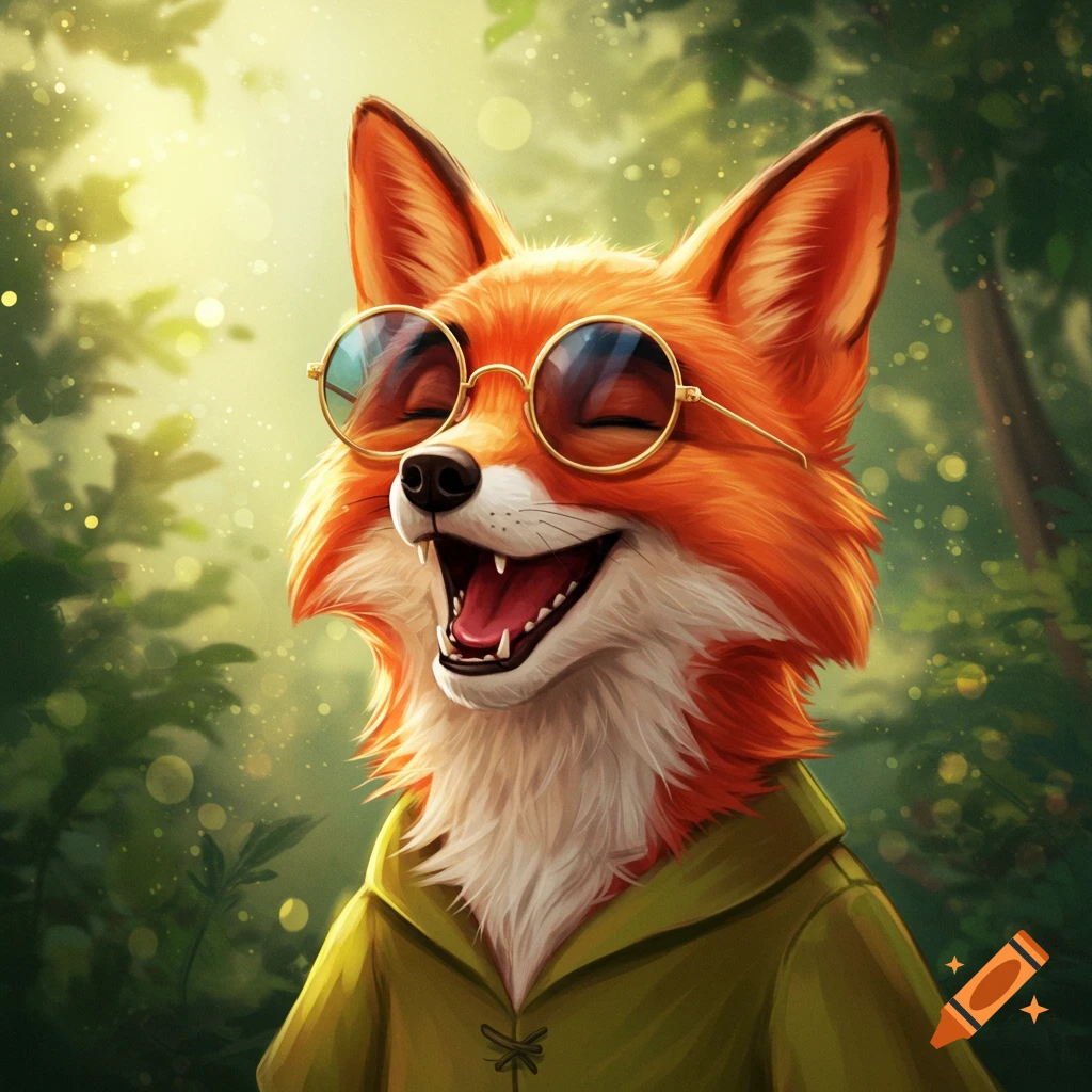 A happy anthropomorphic fox wearing circular sunglasses and a green hooded tunic laughs in a sunlit forest.