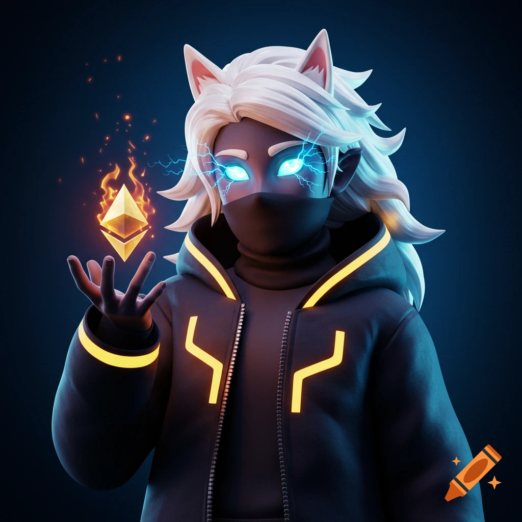 A stylized character with white hair, cat ears, and a mask, with glowing blue eyes and lightning, holding a fiery Ethereum symbol.