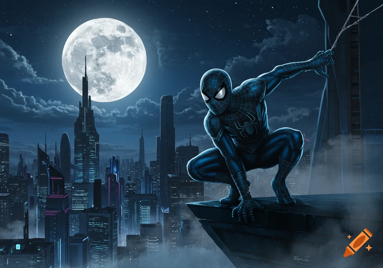 Black and blue Spider-Man crouches on a futuristic skyscraper at night, with a large full moon and glowing city skyline in the background.