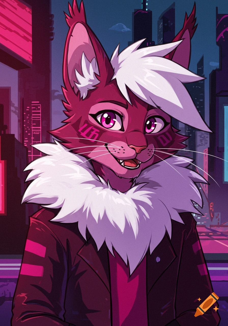 A stylized cartoon of a pink and maroon anthropomorphic cat with white hair and a white fluffy mane, wearing a jacket, against a neon cyberpunk city background.