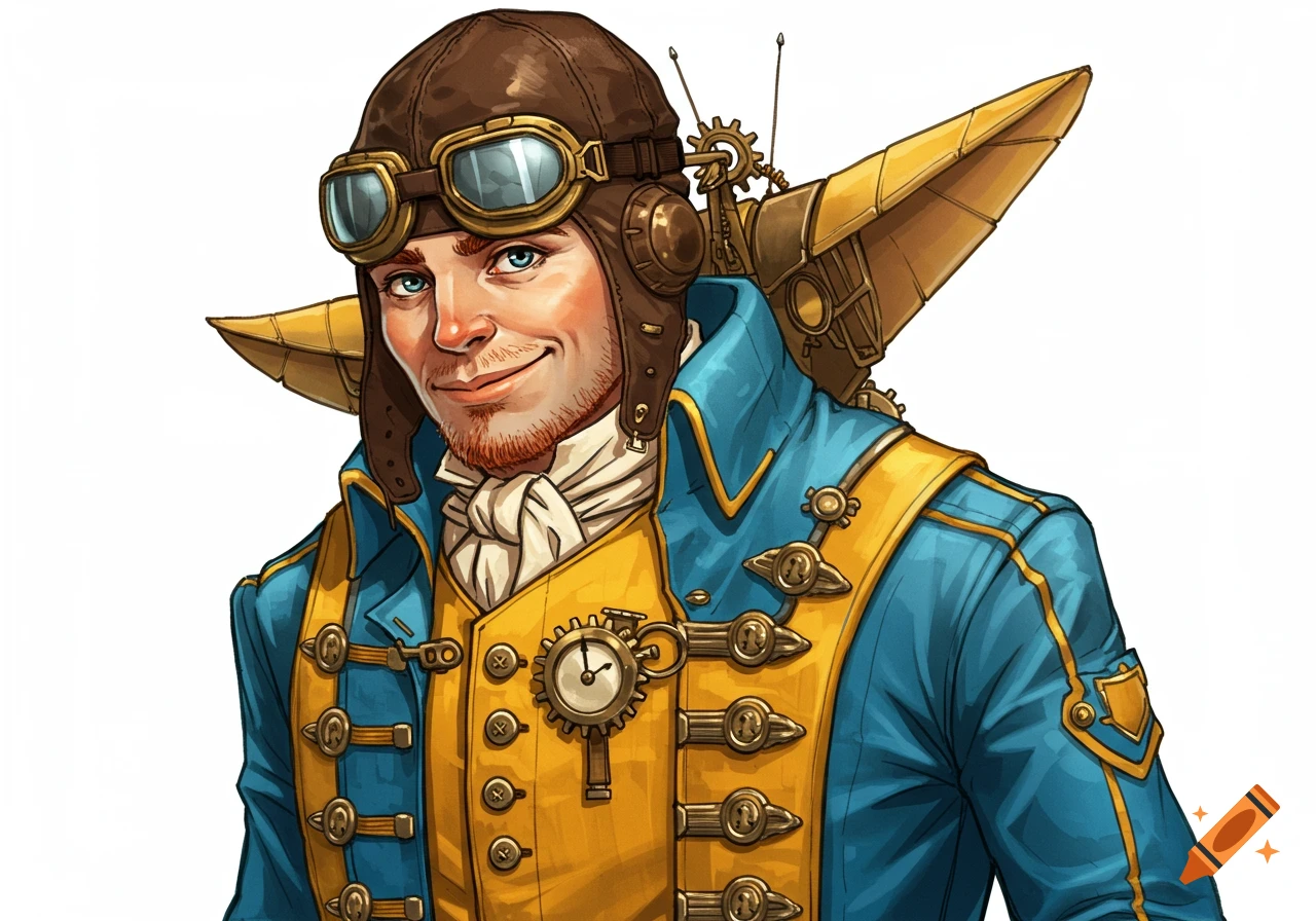 Smiling male steampunk pilot in a brown flight hat with goggles, wearing a bright blue and yellow uniform, illustration on a white background.