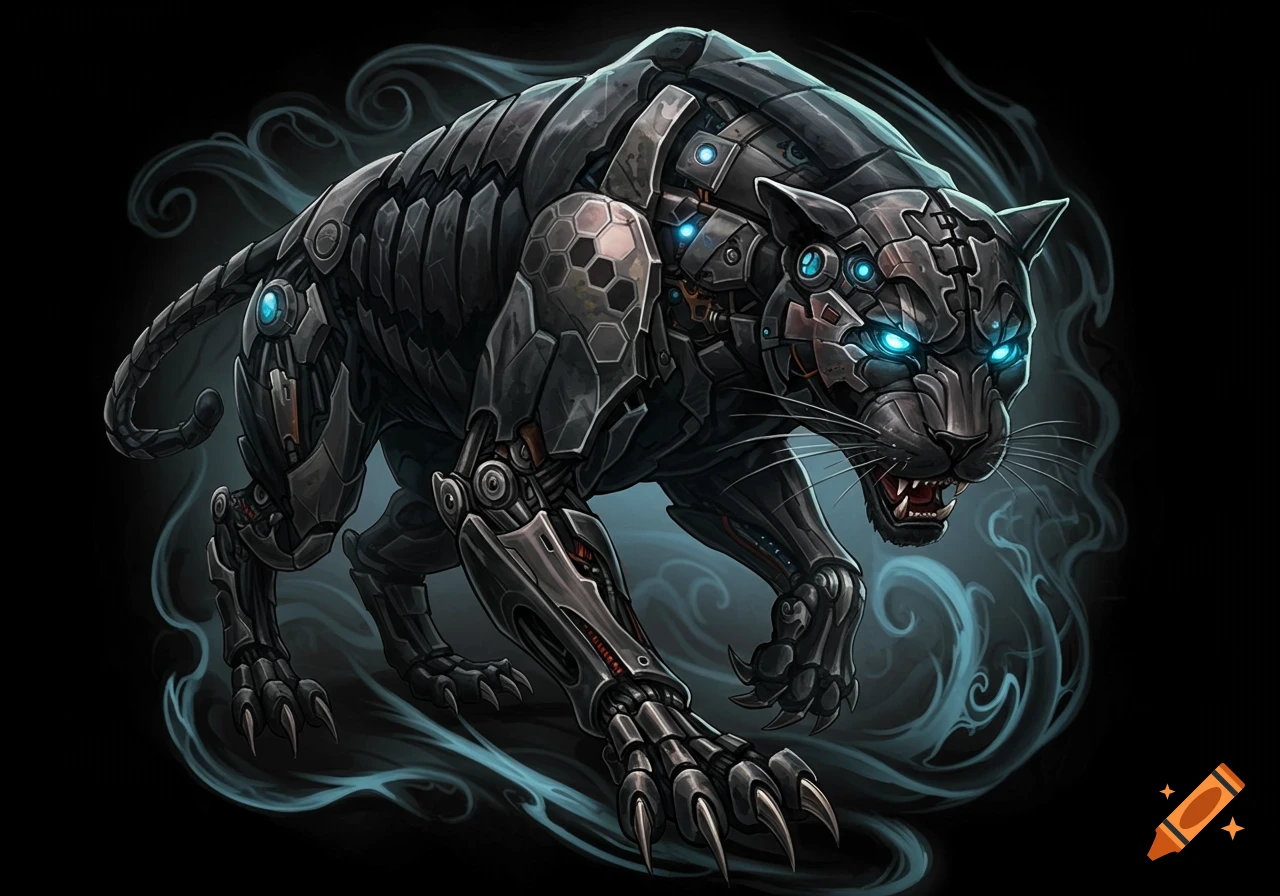 A menacing biomechanical panther with glowing blue eyes and dark metallic armor, surrounded by wisps of blue smoke on a black background.