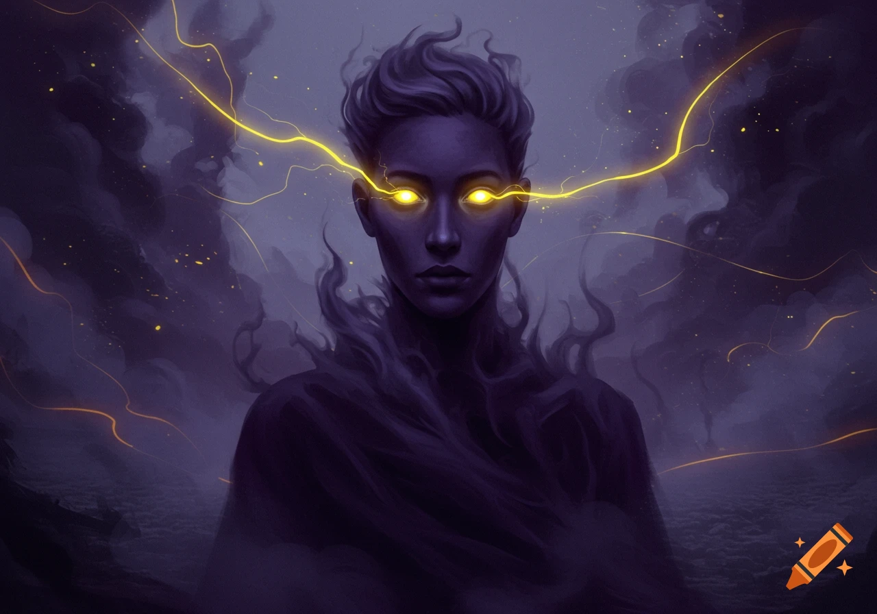 A dark figure with a body of purple mist and glowing yellow eyes emits electric streaks in a mystical, foggy landscape.