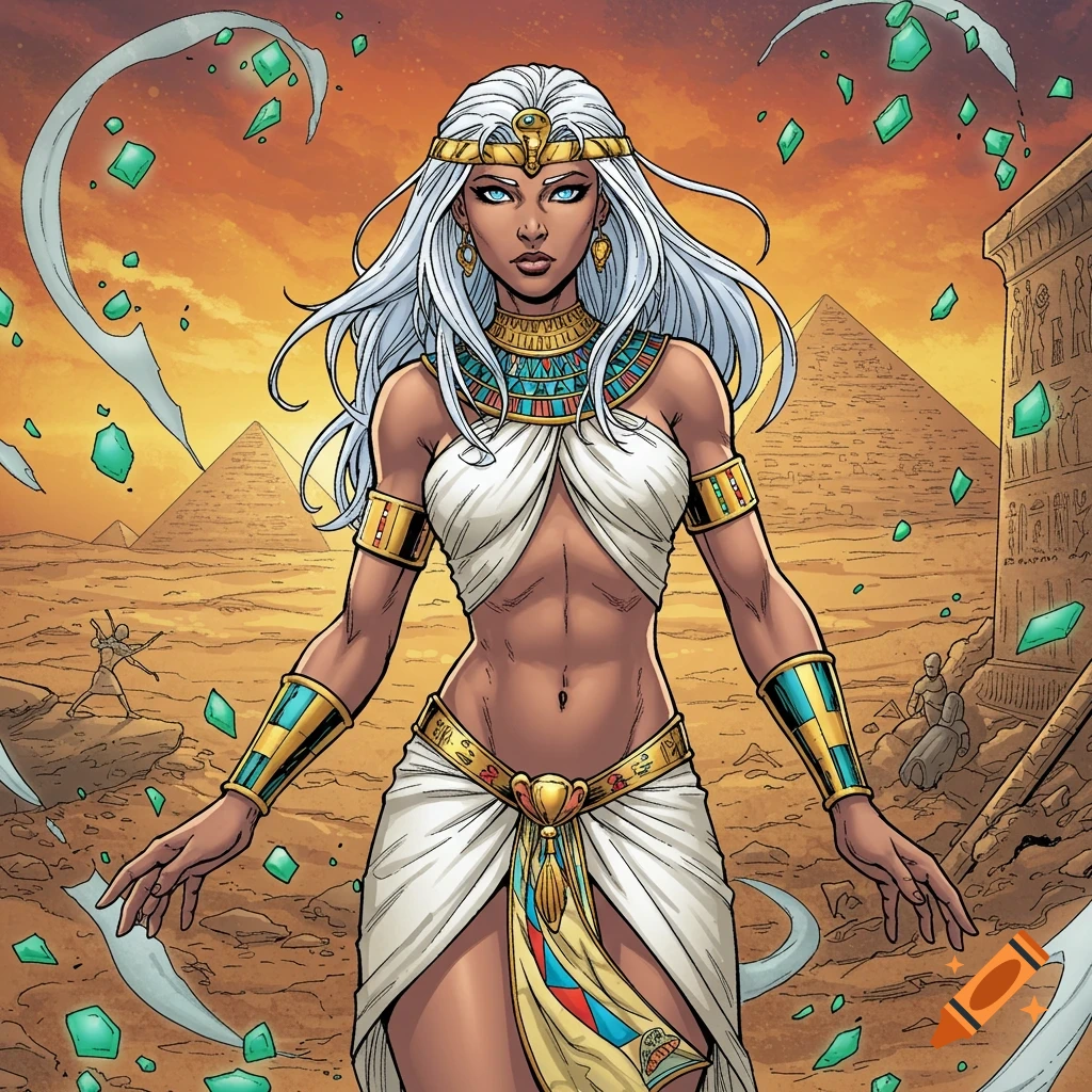 A woman with white hair and blue eyes, wearing an Egyptian princess outfit, stands in a desert with pyramids in the background, in a comic book style.