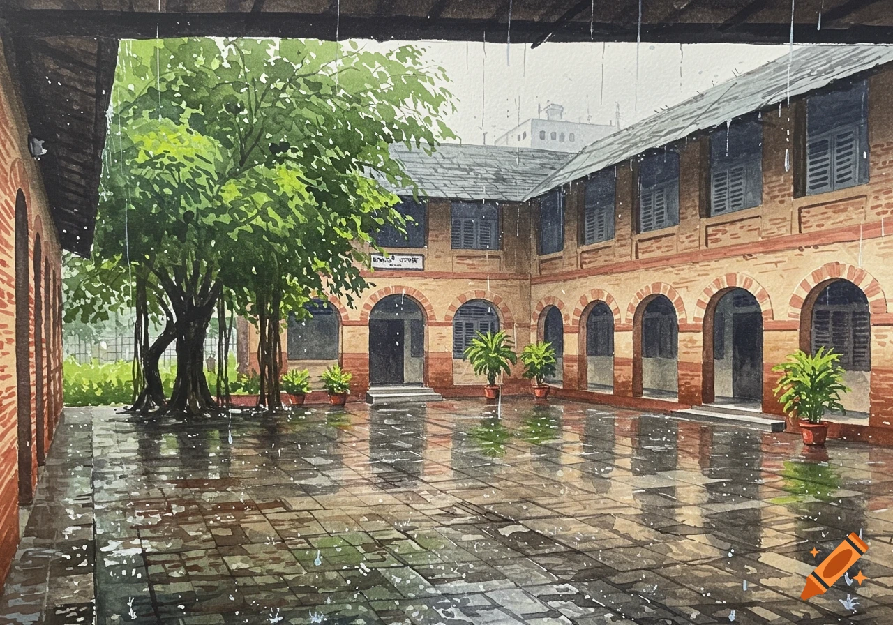 Watercolor painting of a school building with open corridors, drenching in heavy rain, reflected on the wet courtyard ground.