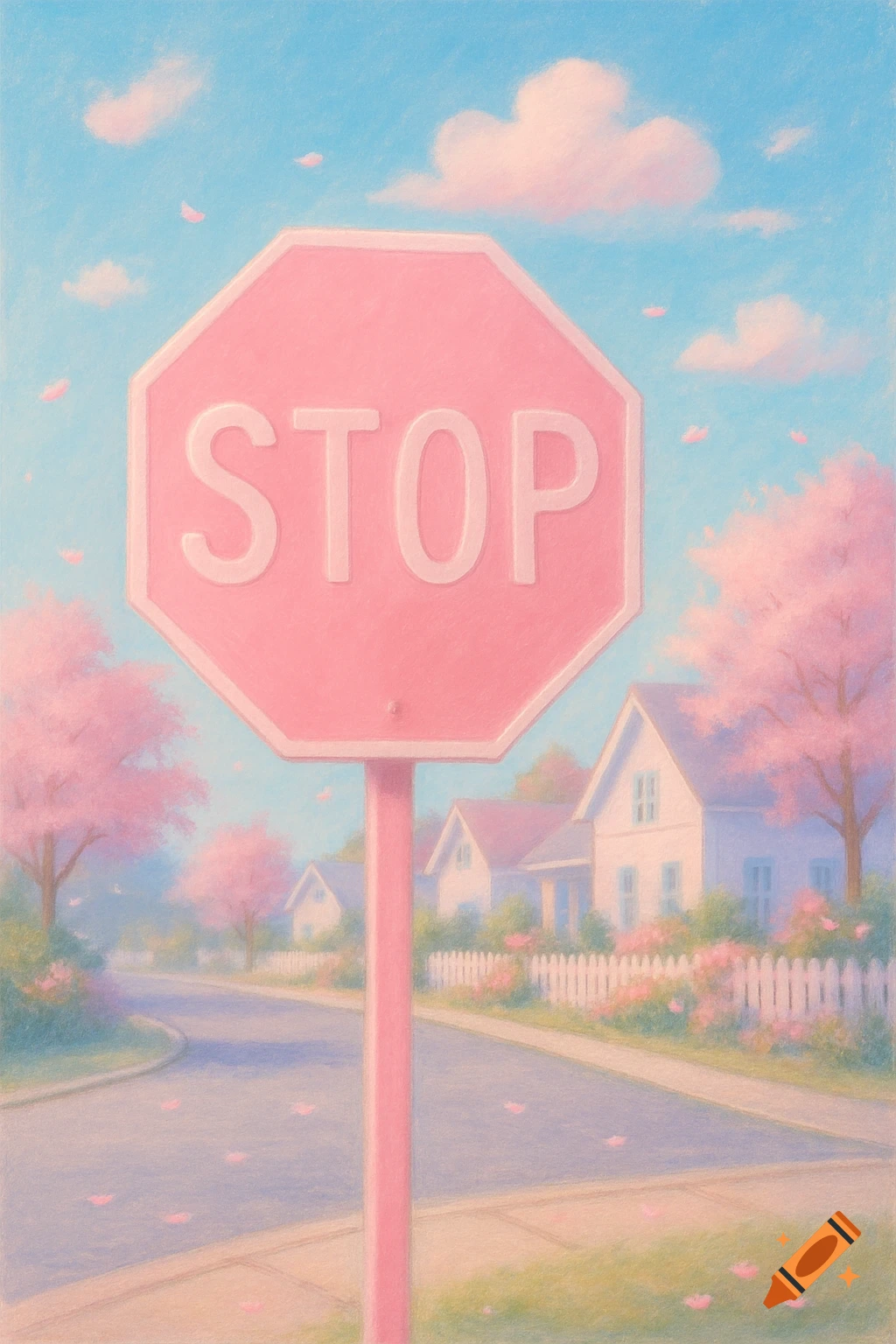 A pastel pink stop sign stands at an intersection in a residential neighborhood with cherry blossom trees and houses under a light blue sky.