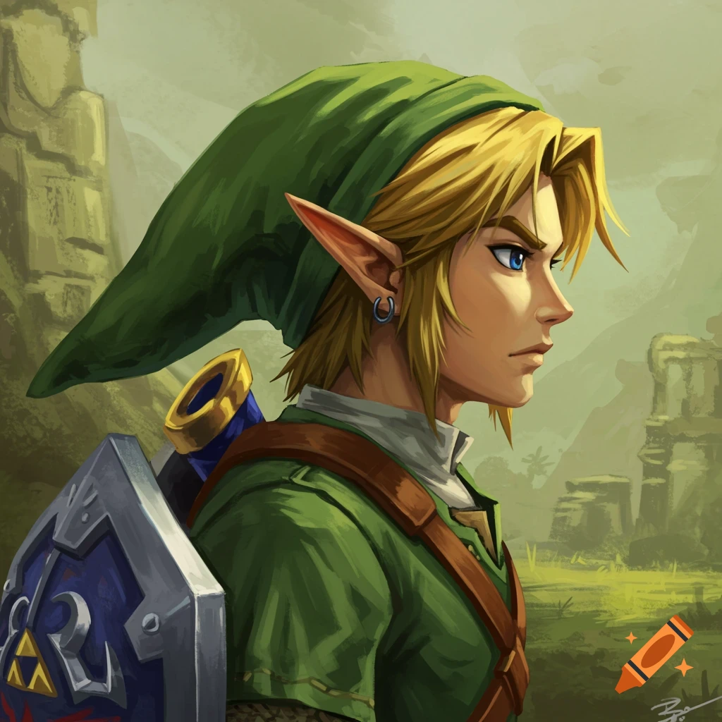 Profile portrait of Link from The Legend of Zelda, looking right, wearing a green tunic and cap, with a shield on his back.