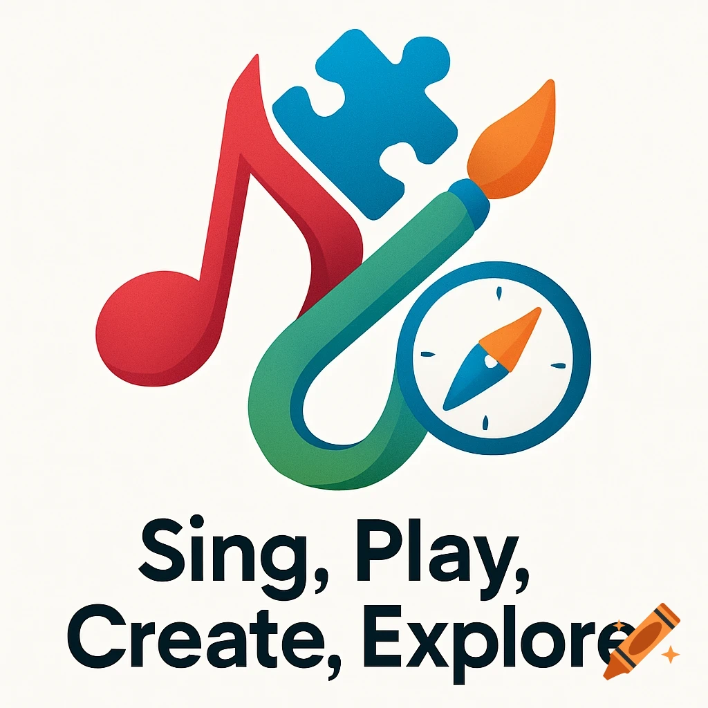 Colorful logo with a red music note, blue puzzle piece, green paintbrush, and a compass, above the text 'Sing, Play, Create, Explore'.