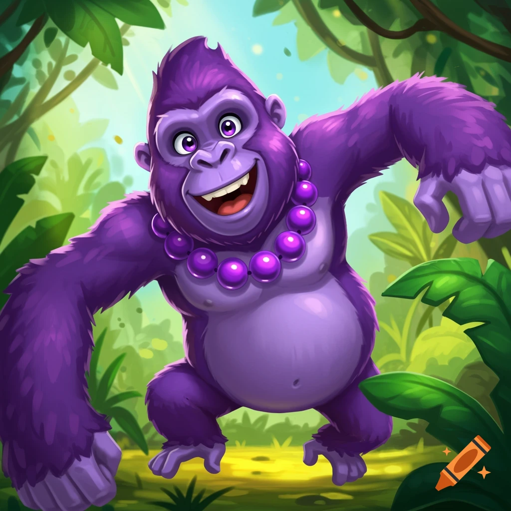A vibrant cartoon purple gorilla with a wide smile and purple necklace stands in a lush jungle.