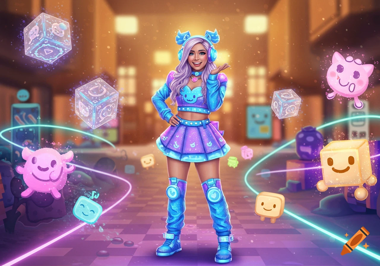 A smiling woman with purple hair and blue headphones in a vibrant blue and purple gamer outfit, surrounded by glowing cubes and cute floating creatures in a digital environment.